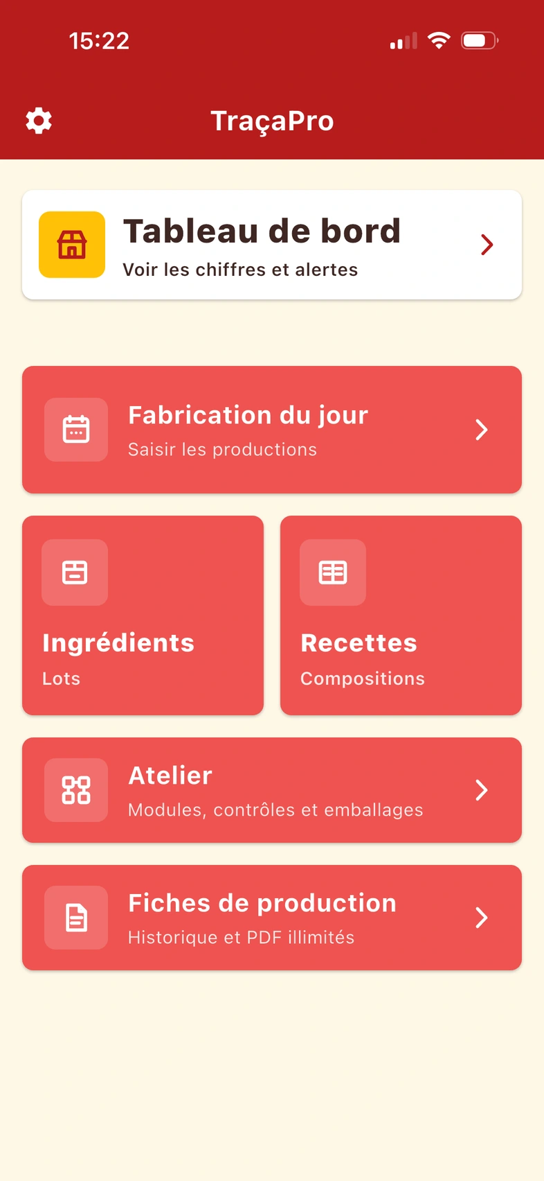 Accueil de TraçaPro avec les fonctions de production